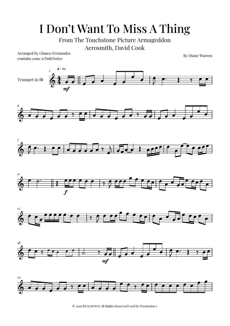 I Don't Want To Miss A Thing B-Flat Trumpet scores gallery preview page 1