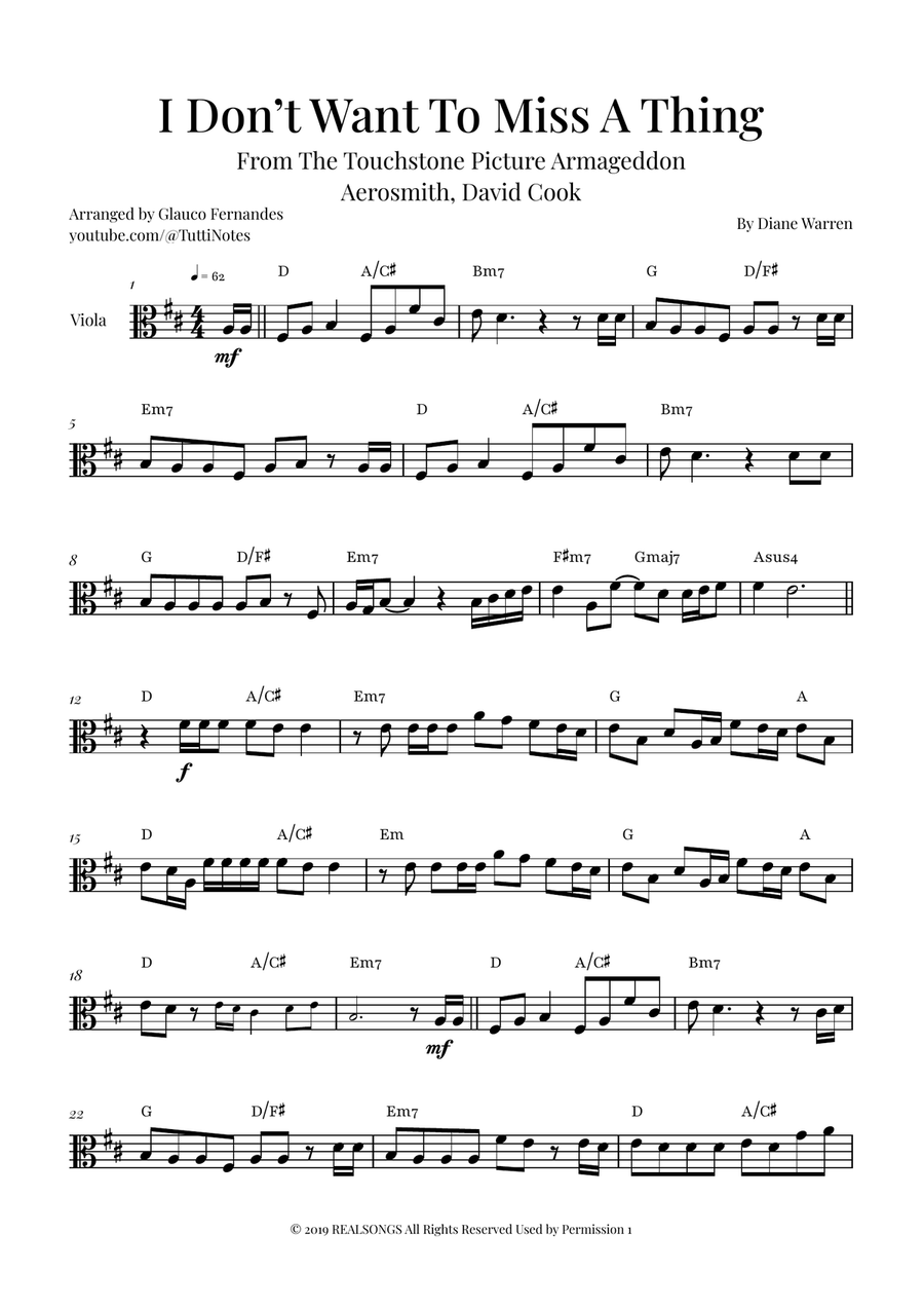 I Don't Want To Miss A Thing Viola Solo scores gallery preview page 1