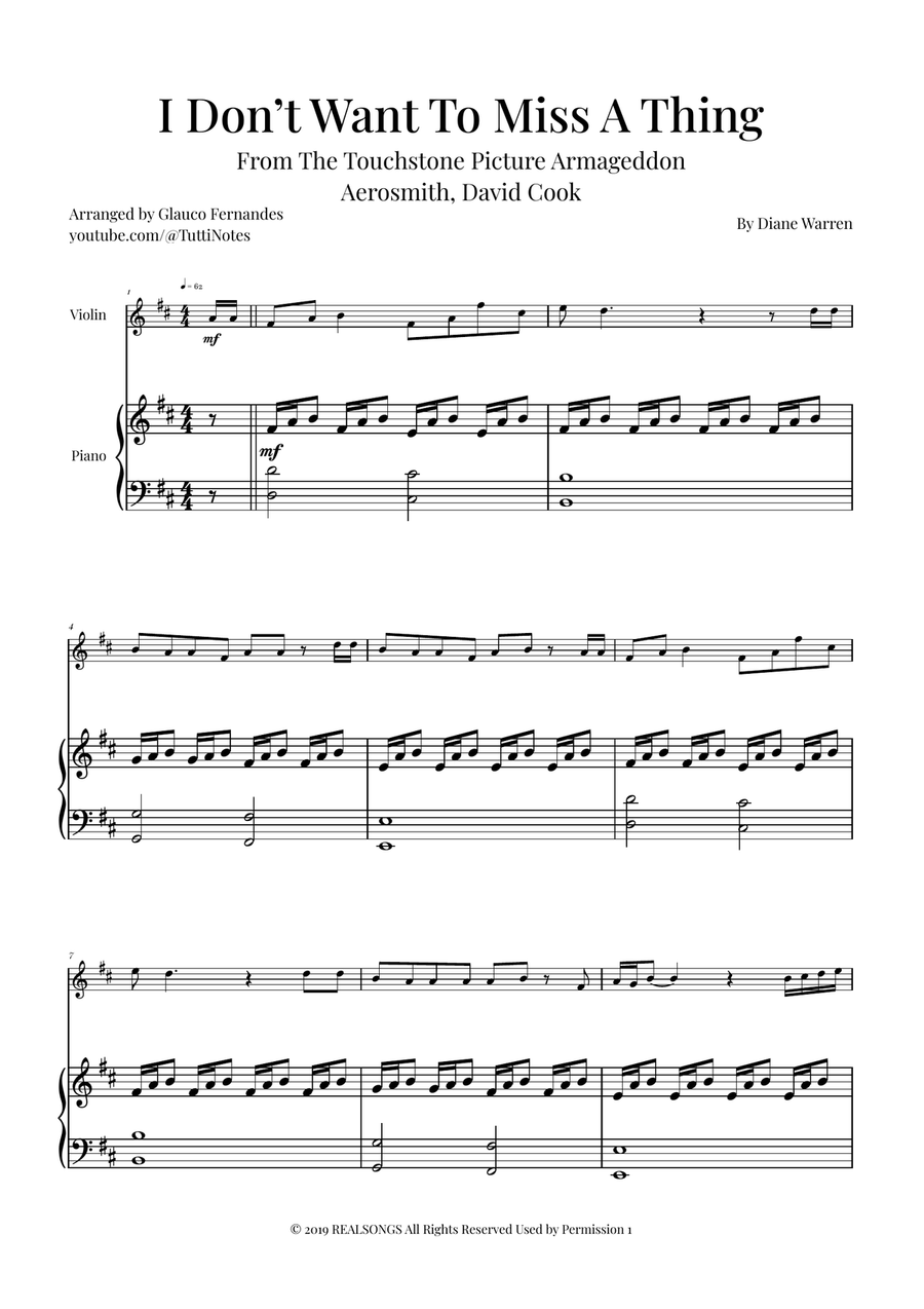 I Don't Want To Miss A Thing Violin Solo scores gallery preview page 1