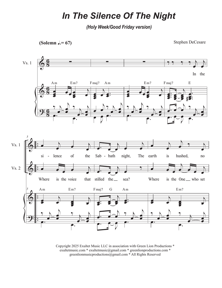 In The Silence Of The Night (Holy Week/Good Friday version) (Unison choir) Unison Choir scores gallery preview page 1