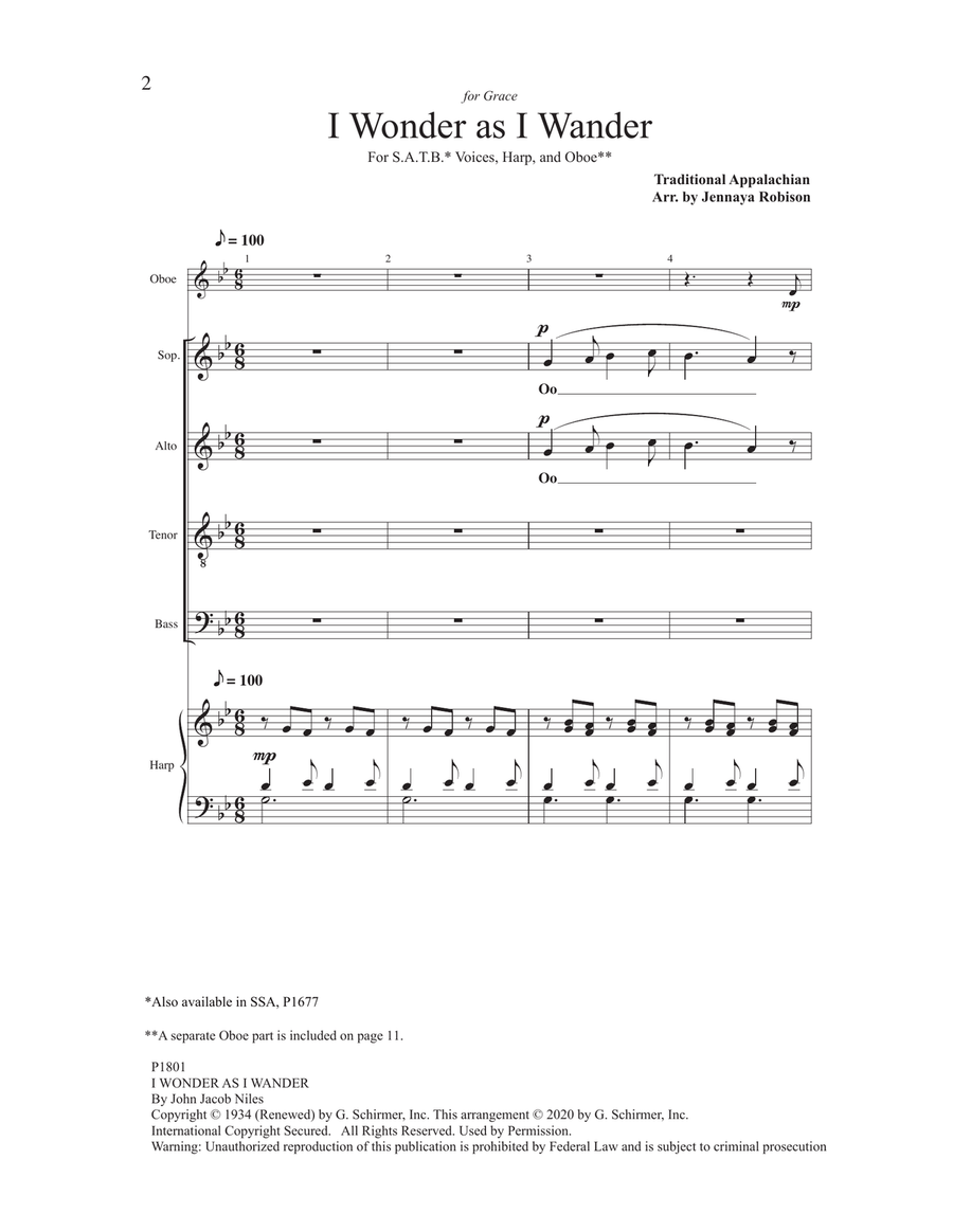 I Wonder As I Wander (arr. Jenny Robison) 4-Part scores gallery preview page 1
