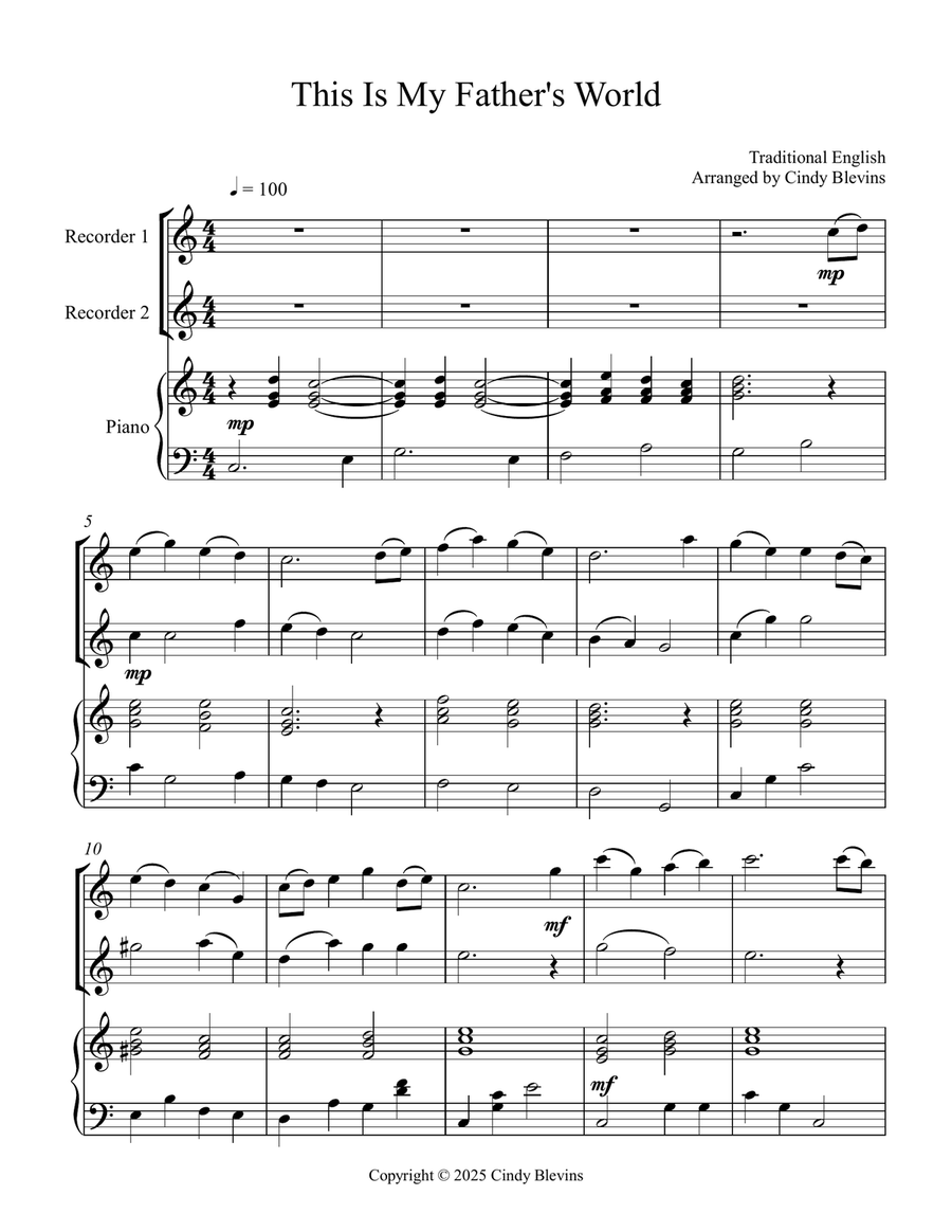 This Is My Father's World, for Two Recorders and Piano Woodwind Duet scores gallery preview page 2