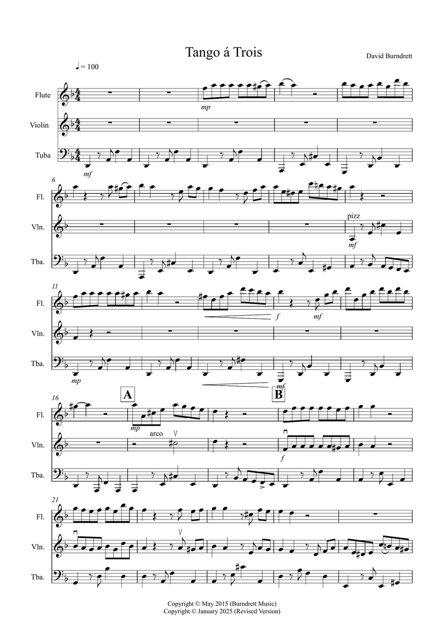 Tango a Trios for Flute, Violin and Tuba Trio Small Ensemble scores gallery preview page 1