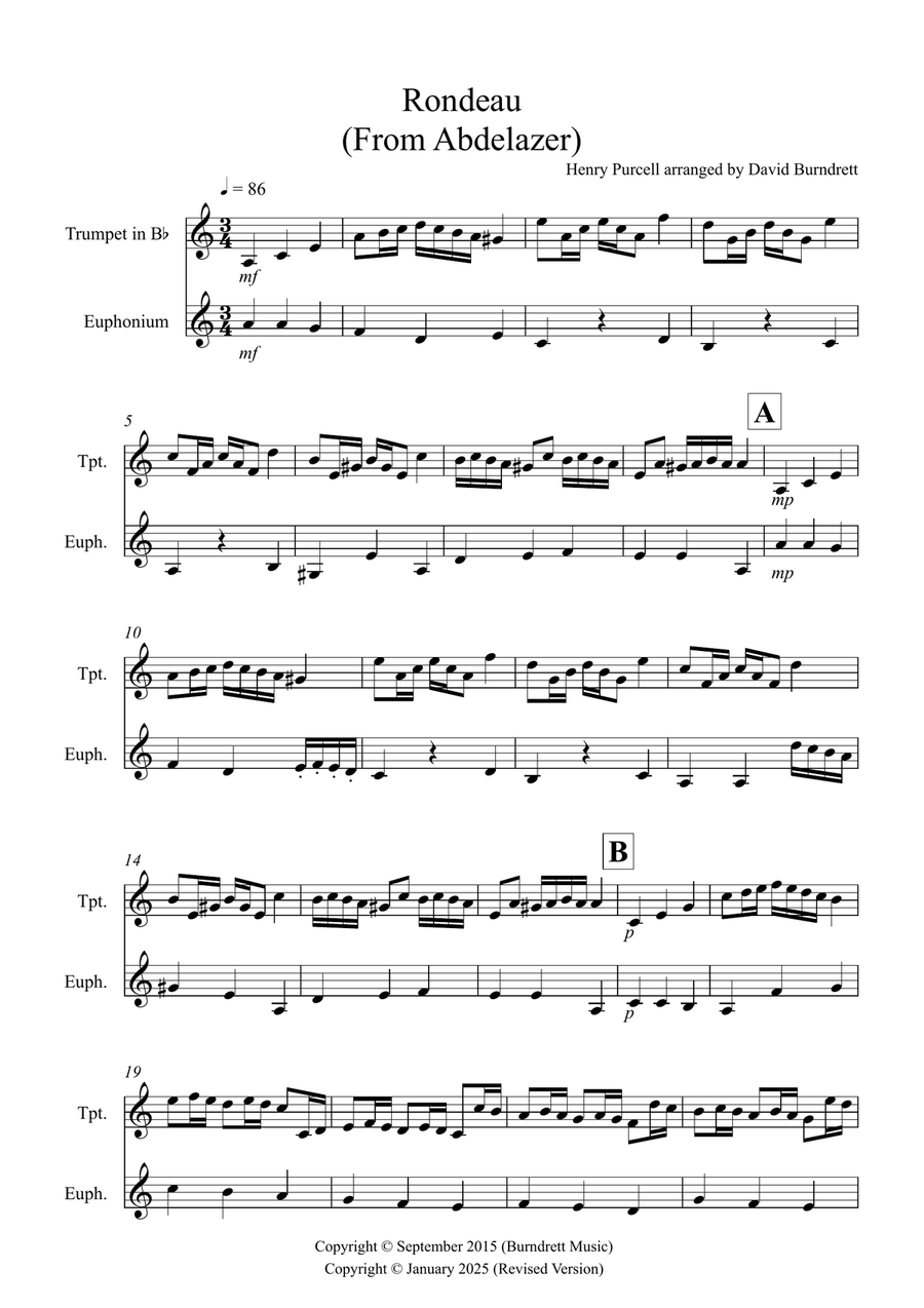 Rondeau (from Abdelazer) for Trumpet and Euphonium Duet Brass Duet scores gallery preview page 1