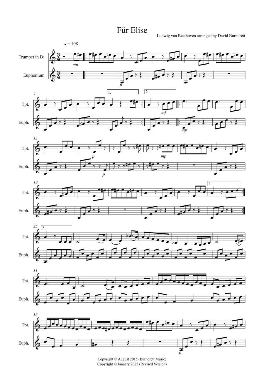 Fur Elise for Trumpet and Euphonium Duet Brass Duet scores gallery preview page 1