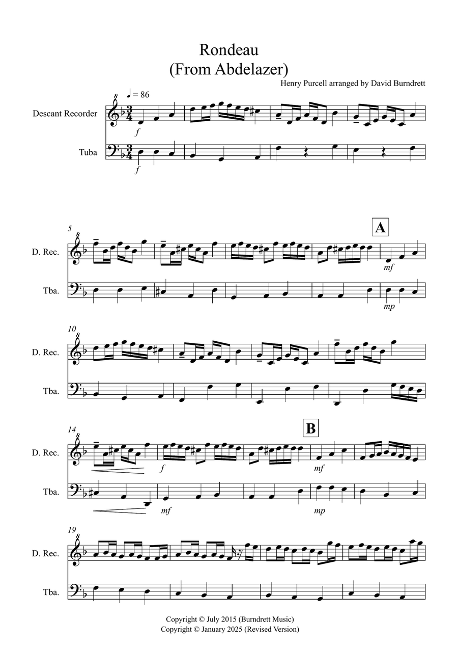 Rondeau (from Abdelazer) for Descant Recorder and Tuba Duet Soprano Recorder scores gallery preview page 1