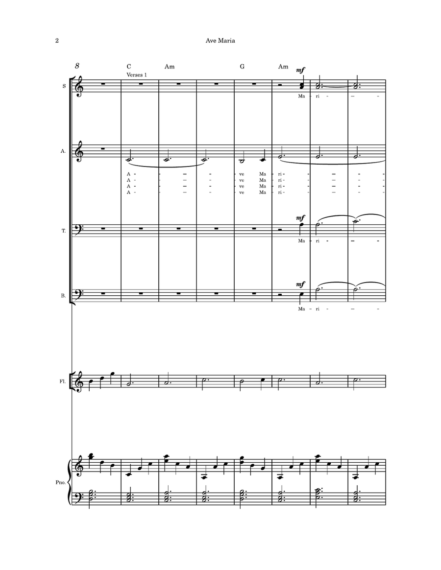 Ave Maria Solo SATB Latin/English flute or violin or cello and piano 4-Part scores gallery preview page 2