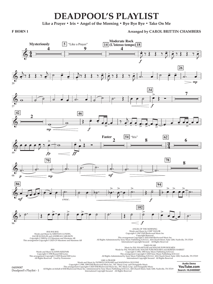 Deadpool's Playlist - F Horn 1 Concert Band scores gallery preview page 1