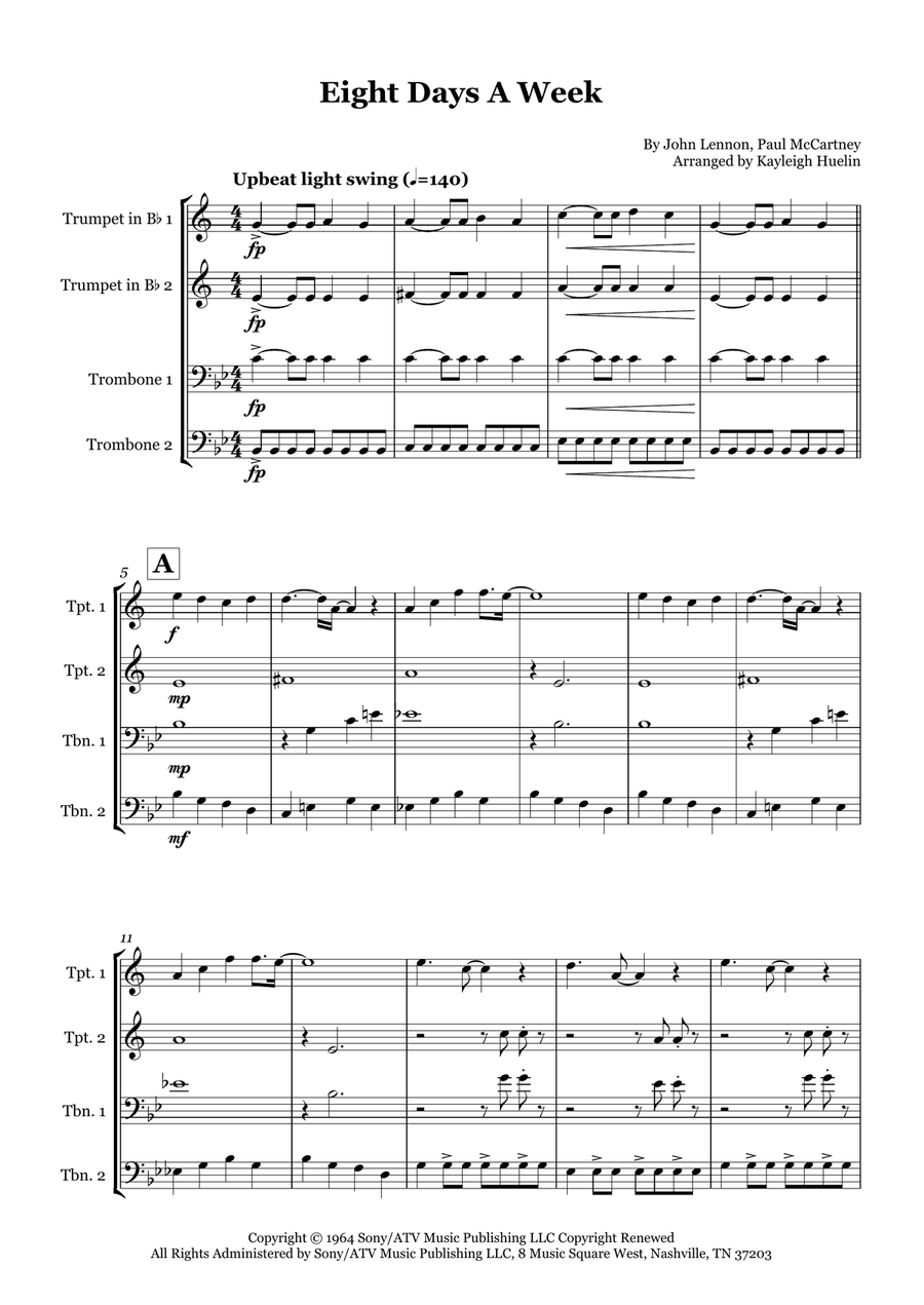 Eight Days A Week Eight Days A Week Brass Quartet scores gallery preview page 1
