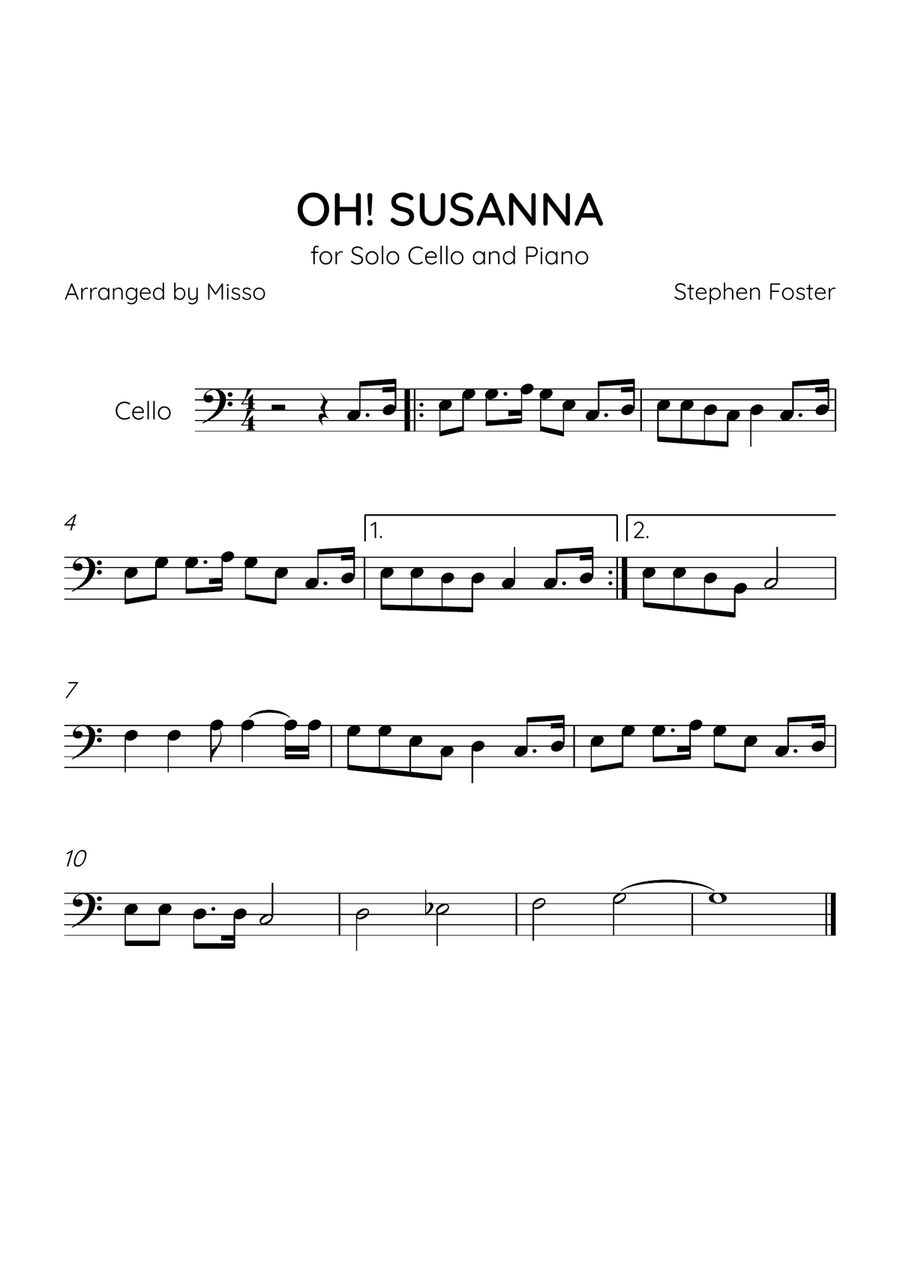 OH! SUSANNA - Cello Solo in C Major - Intermediate Level Cello Solo scores gallery preview page 1