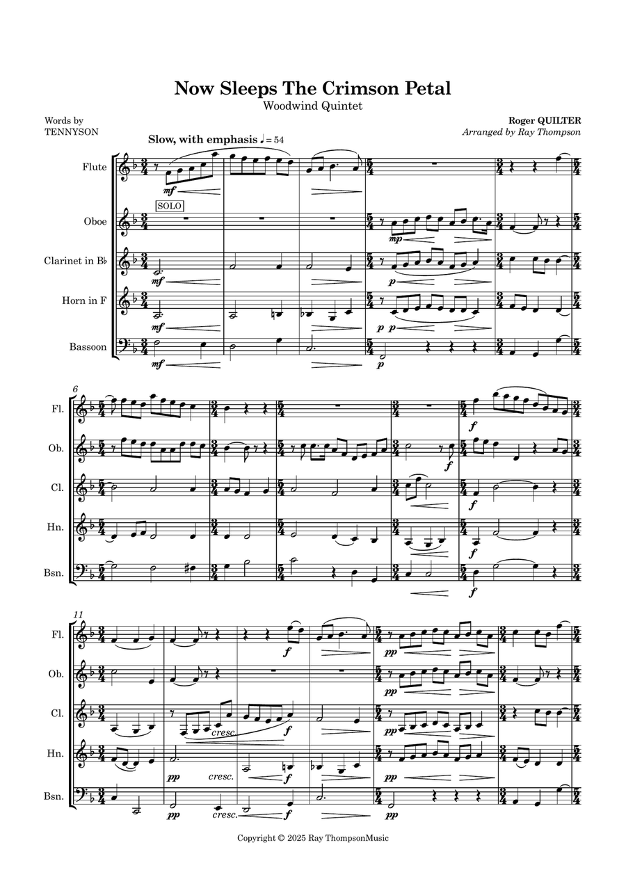 Quilter: Now Sleeps The Crimson Petal - wind quintet Woodwind Quintet scores gallery preview page 2