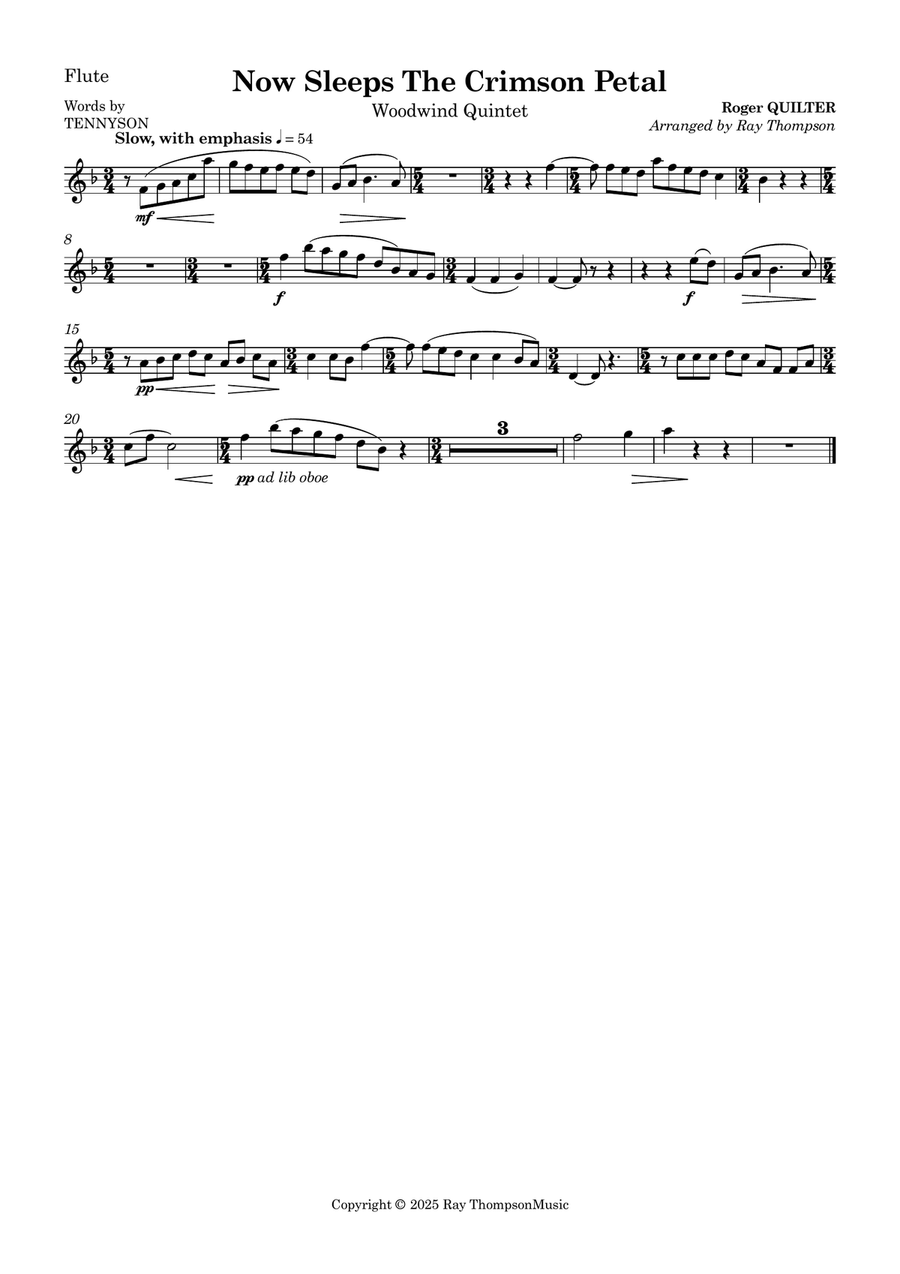 Quilter: Now Sleeps The Crimson Petal - wind quintet Woodwind Quintet scores gallery preview page 4