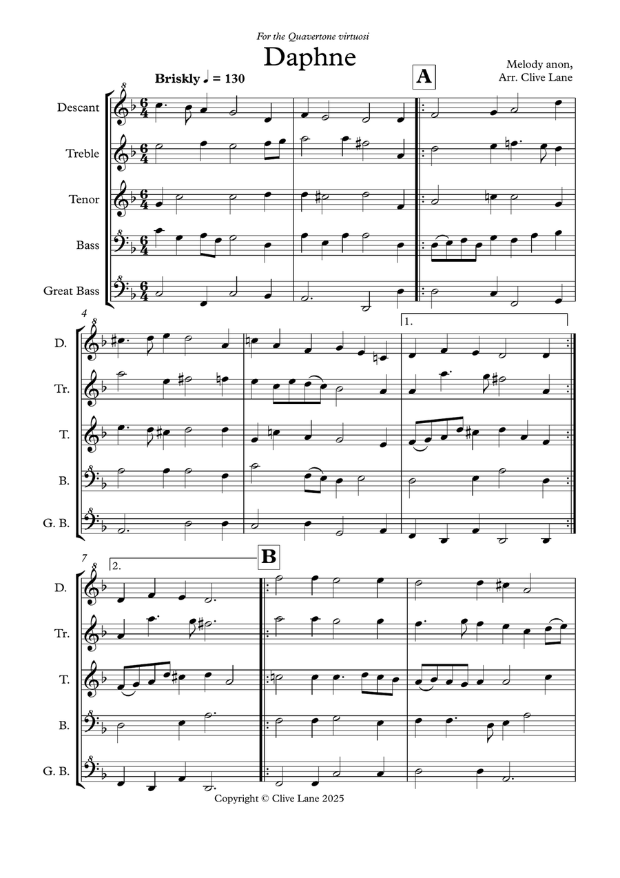 Daphne - a Renaissance melody arranged for recorder quintet Chamber Music scores gallery preview page 3