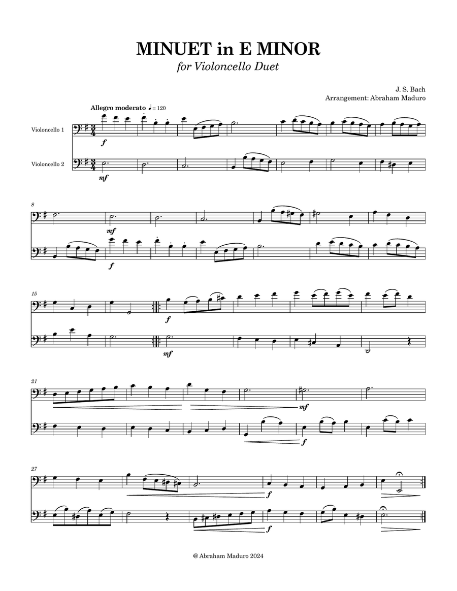 Minuet in E Minor by J.S. Bach – Cello Duet (Includes Bonus Version in D Minor) String Duet scores gallery preview page 2