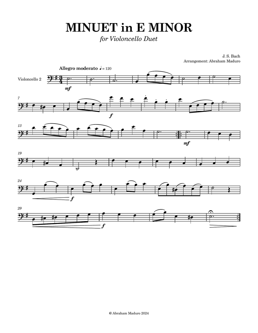 Minuet in E Minor by J.S. Bach – Cello Duet (Includes Bonus Version in D Minor) String Duet scores gallery preview page 3