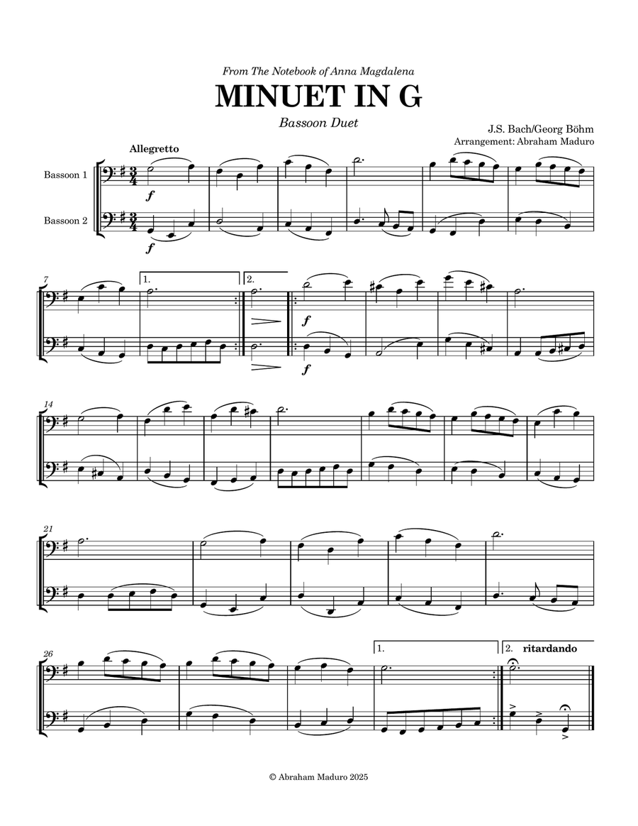 Minuet in G Major – Bassoon Duet | Georg Böhm (from The Notebook of Anna Magdalena Bach) Woodwind Duet scores gallery preview page 2