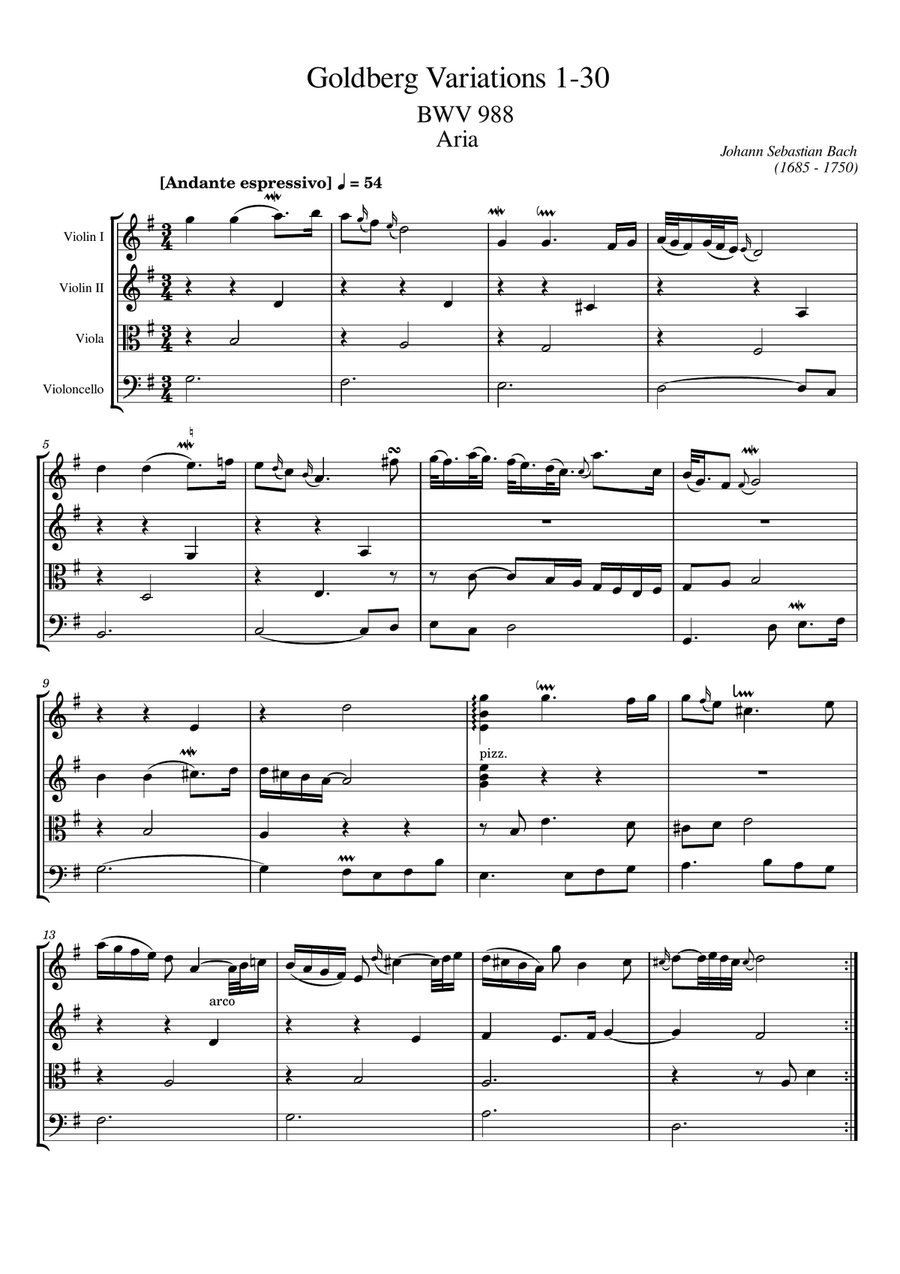 Bach - Goldberg Variationen, BWV 988, for String Quartet Complete Original Score and Parts String Quartet scores gallery preview page 1
