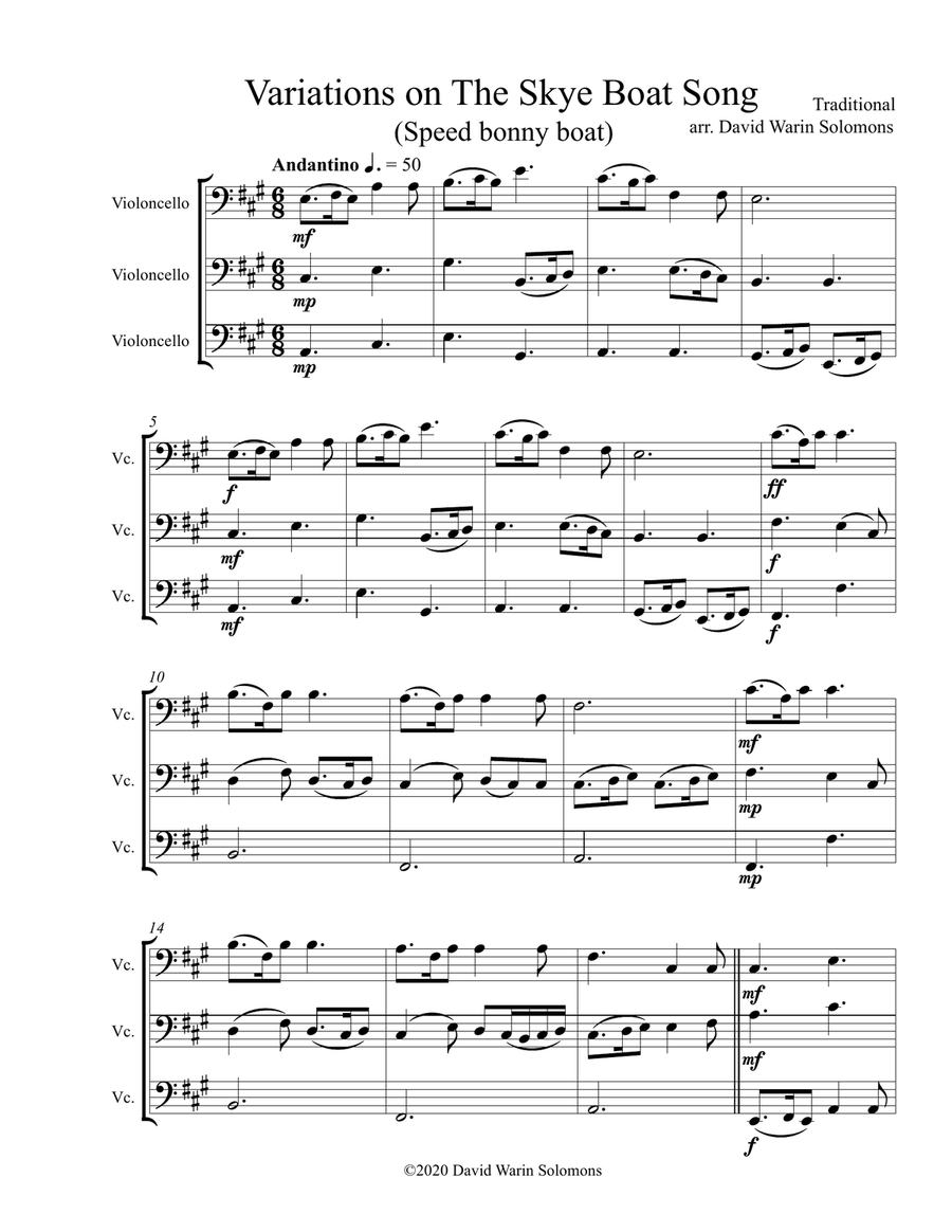 Variations on the Skye Boat Song (Speed Bonny Boat) for cello trio String Trio scores gallery preview page 1
