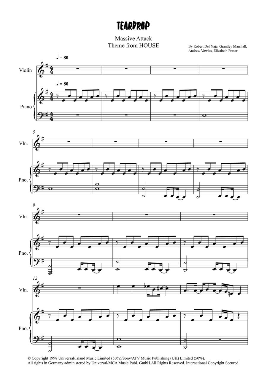 Teardrop (Theme From House) Violin Solo scores gallery preview page 1