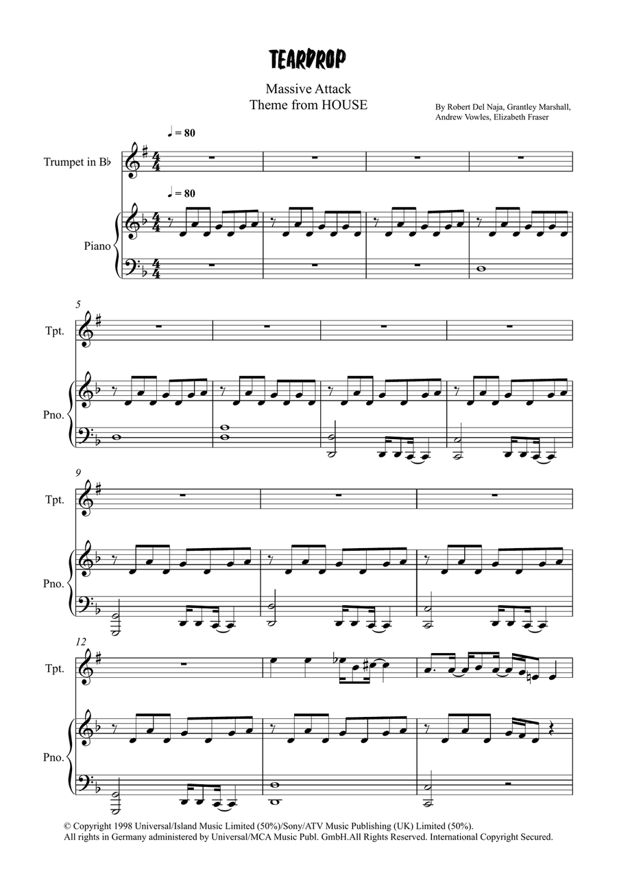Teardrop (Theme From House) Trumpet Solo scores gallery preview page 1