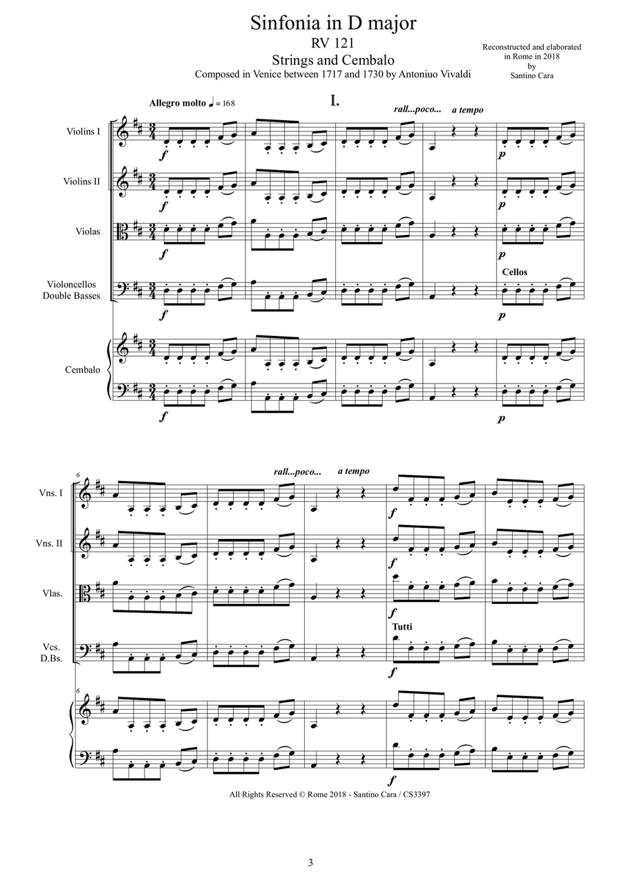 Vivaldi - Sinfonia in D major RV 121 for Strings and Cembalo Chamber Orchestra scores gallery preview page 3
