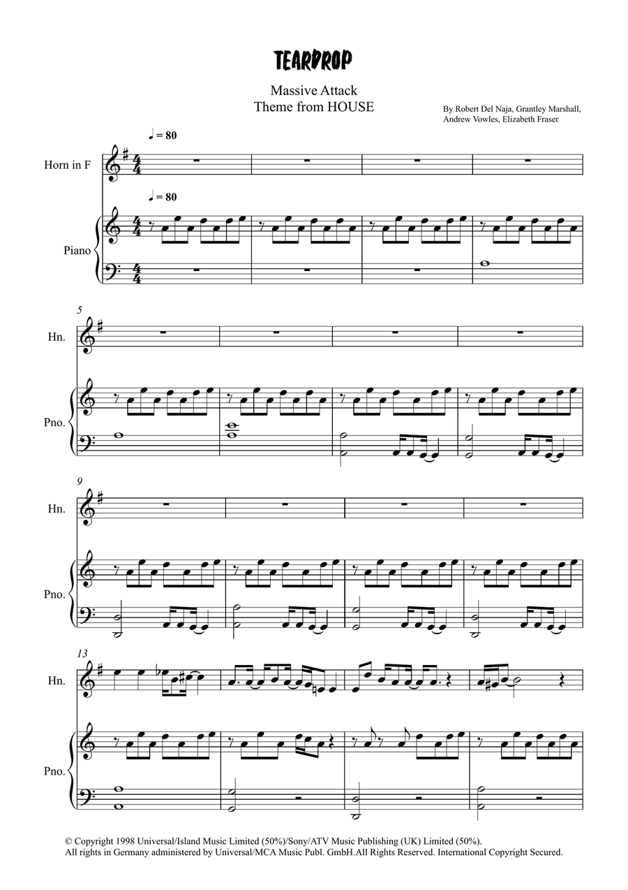 Teardrop (Theme From House) Piano scores gallery preview page 1