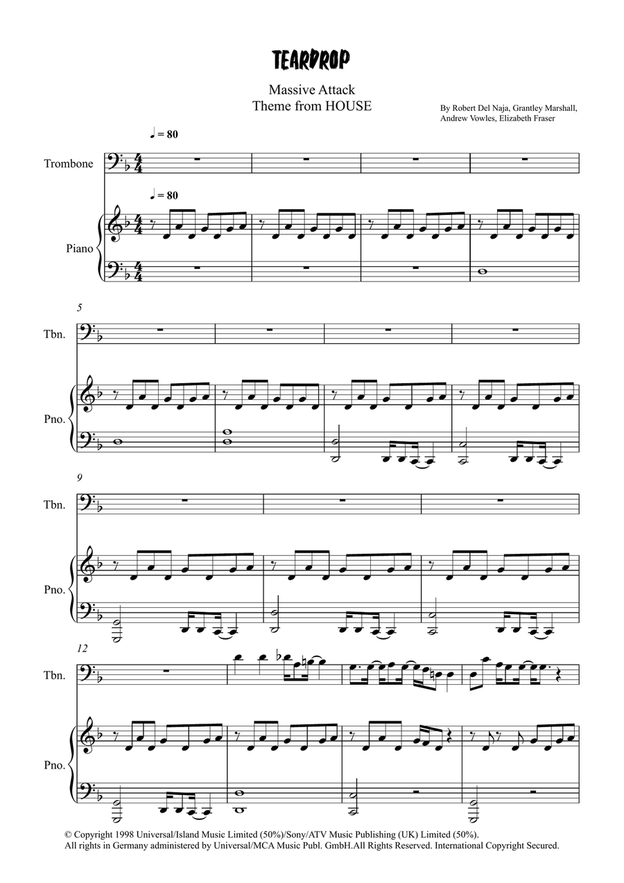 Teardrop (Theme From House) Piano scores gallery preview page 1