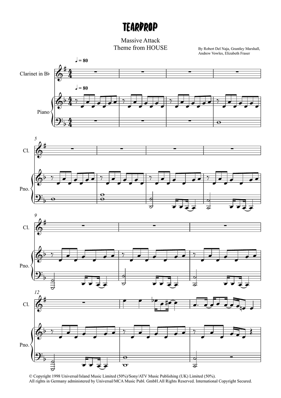 Teardrop (Theme From House) Clarinet Solo scores gallery preview page 1