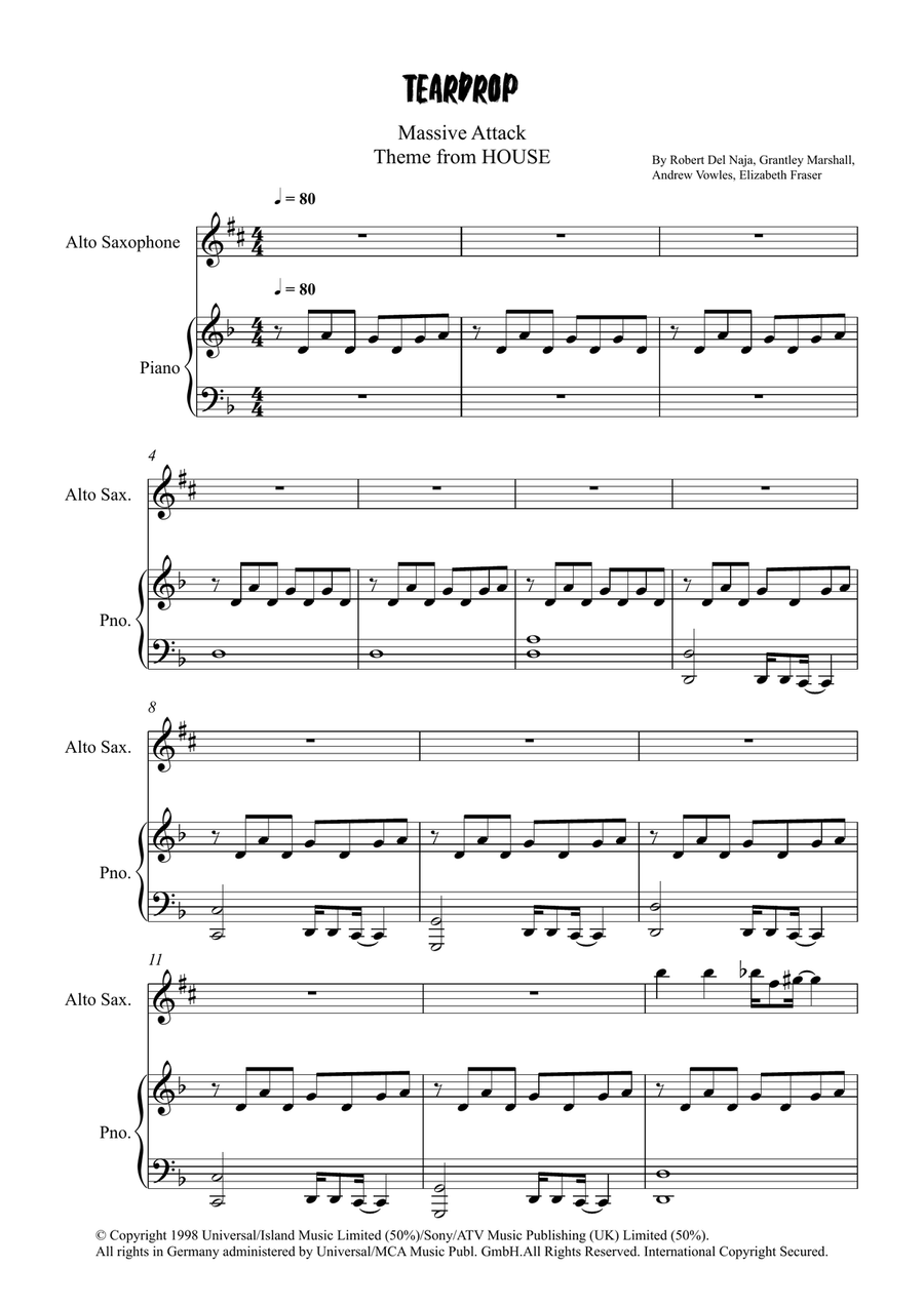 Teardrop (Theme From House) Alto Saxophone scores gallery preview page 1