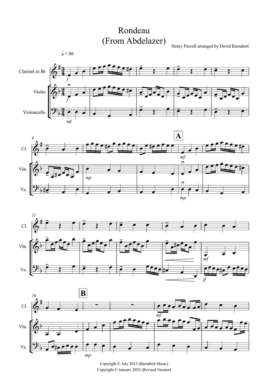 Rondeau (from Abdelazer) for Clarinet, Violin and Cello Trio Small Ensemble scores gallery preview page 1