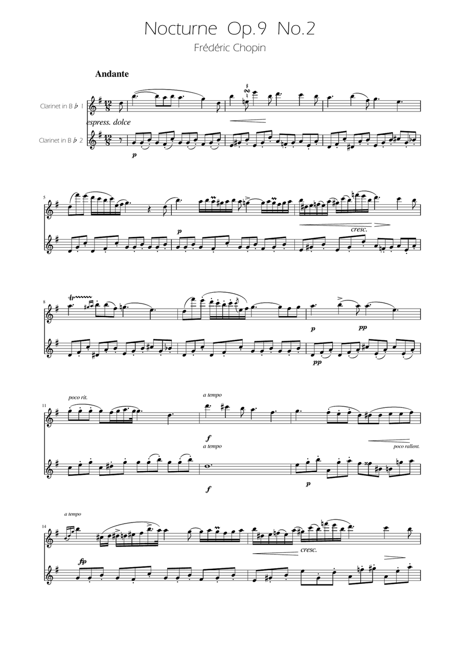 Chopin - Nocturne op.9 No.2 - Clarinet Duet Clarinet Duet scores gallery preview page 1