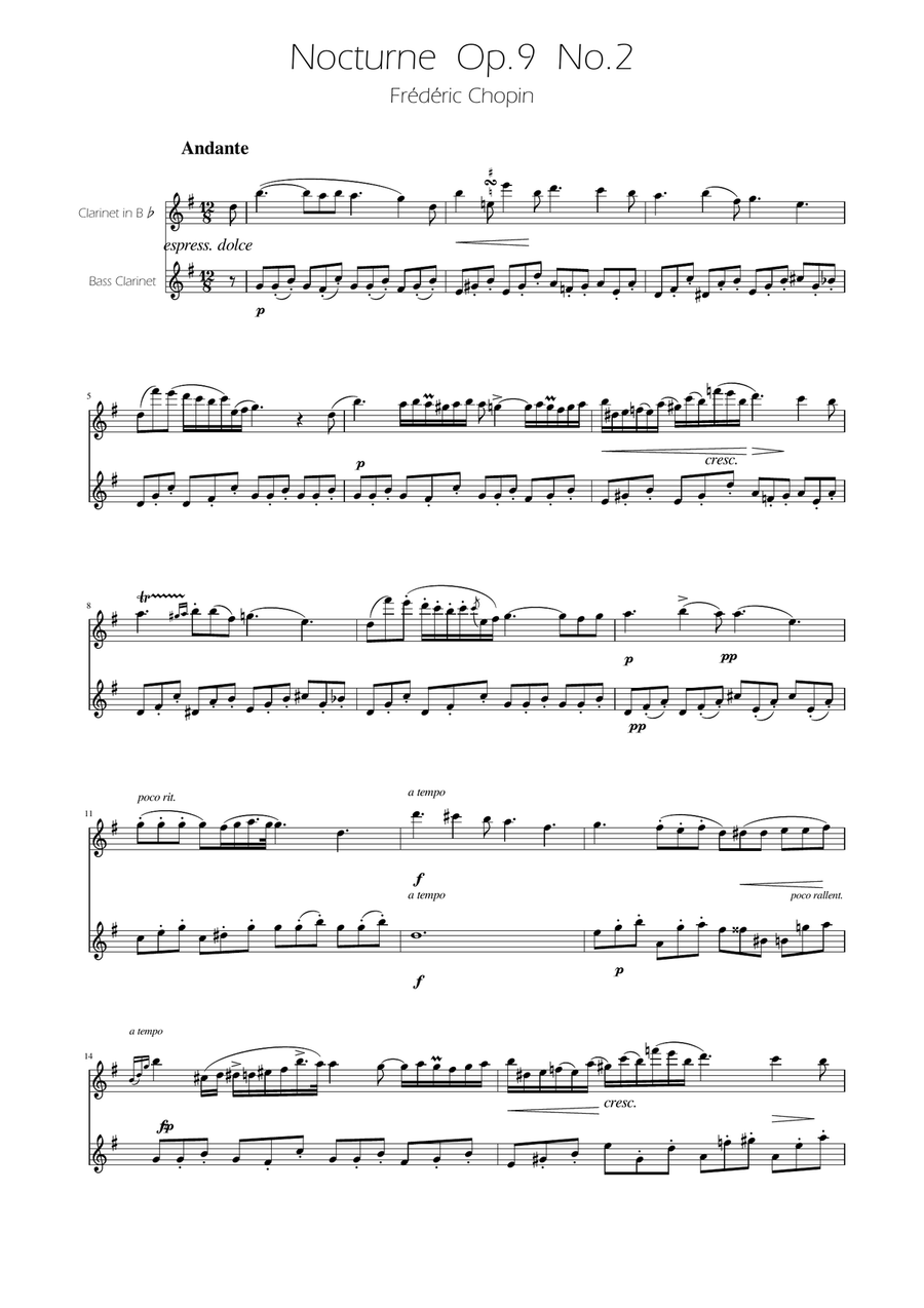 Chopin - Nocturne op.9 No.2 - Clarinet and Bass Clarinet Duet Clarinet Duet scores gallery preview page 1