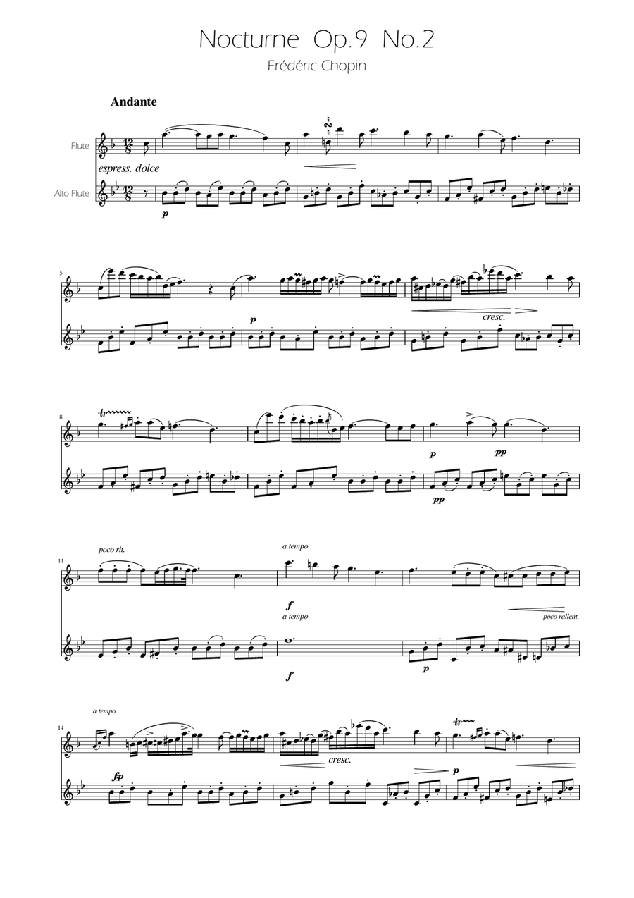 Chopin - Nocturne op.9 No.2 - Flute and Alto Flute Duet Flute Duet scores gallery preview page 1
