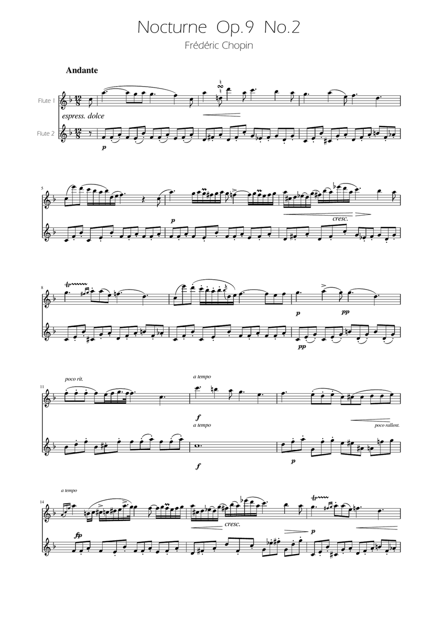 Chopin - Nocturne op.9 No.2 - Flute Duet Flute Duet scores gallery preview page 1