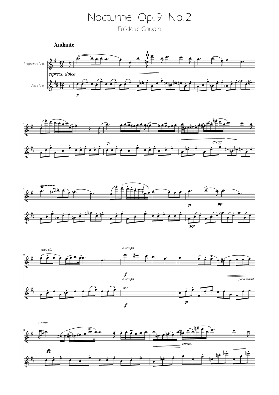 Chopin - Nocturne op.9 No.2 - Sax Duet SA SA scores gallery preview page 1