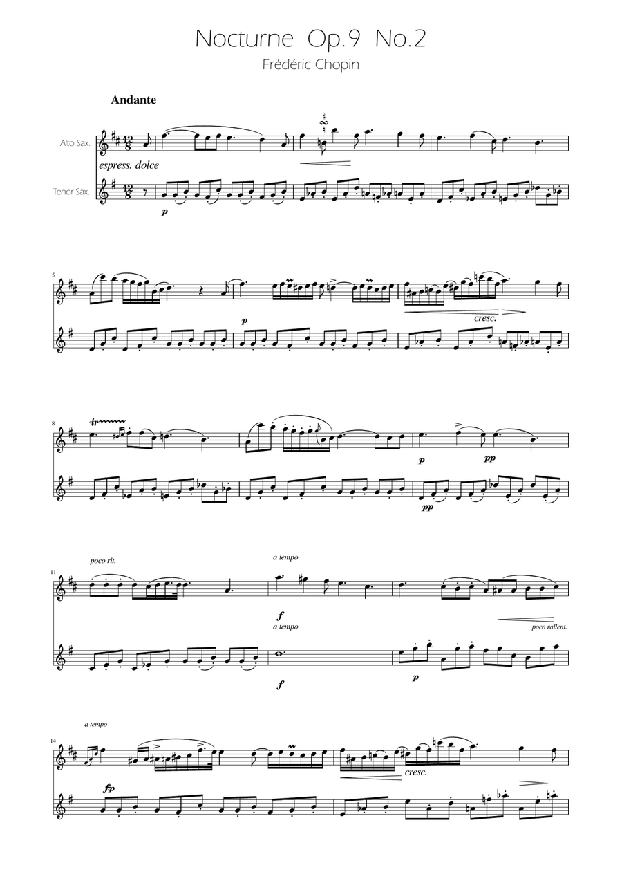 Chopin - Nocturne op.9 No.2 - Sax Duet AT Woodwind Duet scores gallery preview page 1