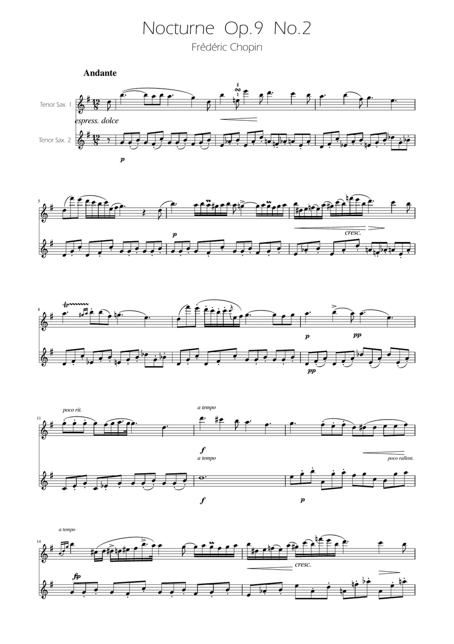 Chopin - Nocturne op.9 No.2 - Tenor Sax Duet Woodwind Duet scores gallery preview page 1