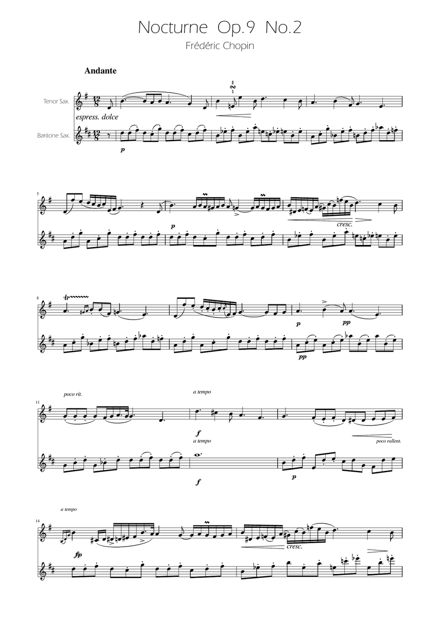 Chopin - Nocturne op.9 No.2 - Sax Duet TB Woodwind Duet scores gallery preview page 1
