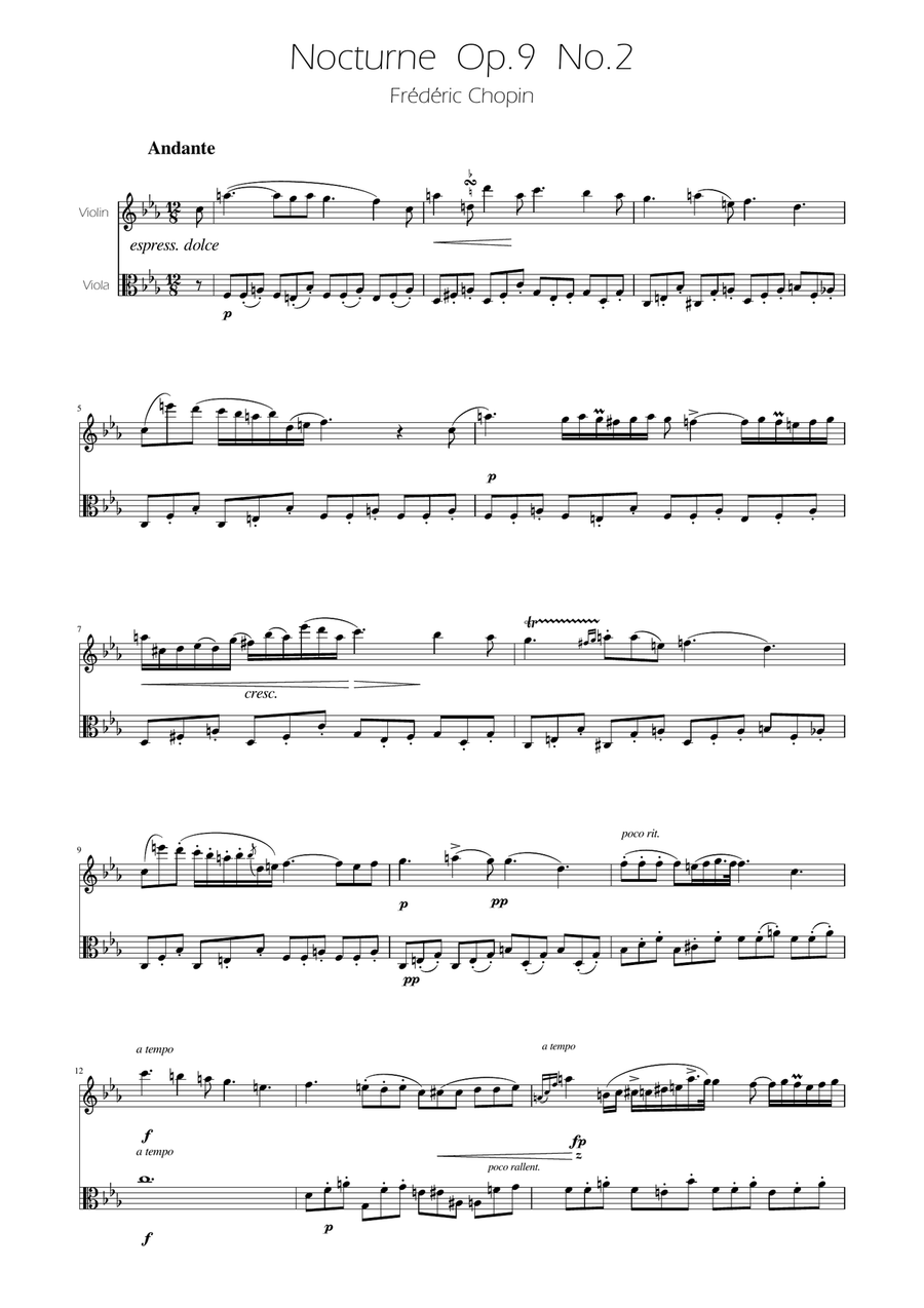 Chopin - Nocturne op.9 No.2 - Violin and Viola Duet String Duet scores gallery preview page 1