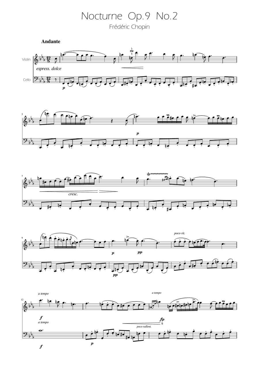 Chopin - Nocturne op.9 No.2 - Violin and Cello Duet String Duet scores gallery preview page 1