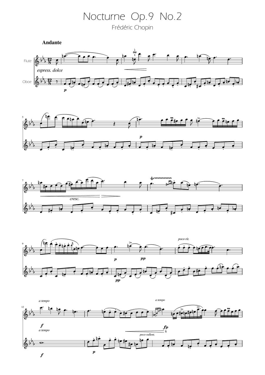 Chopin - Nocturne op.9 No.2 - Flute and Oboe Duet Woodwind Duet scores gallery preview page 1