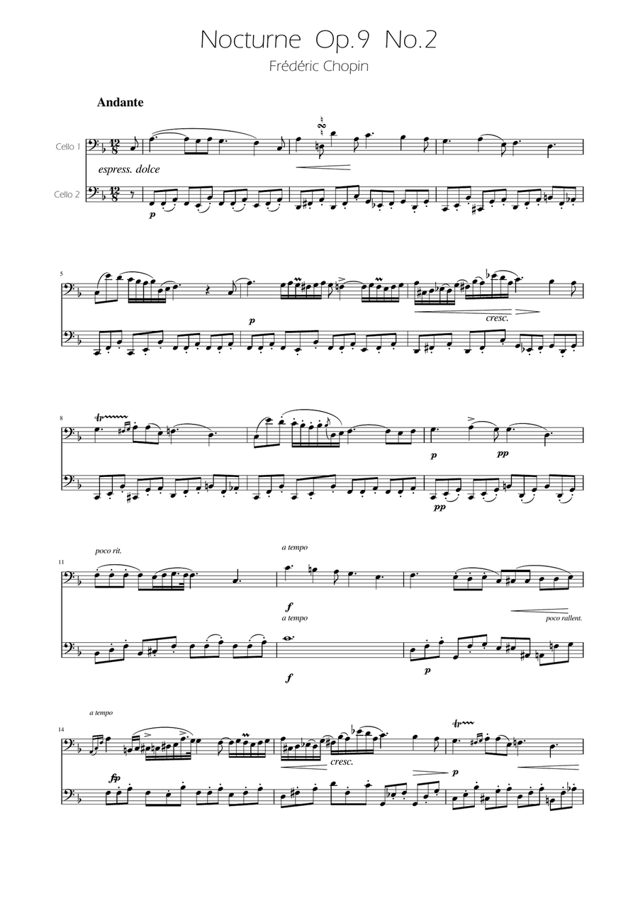 Chopin - Nocturne op.9 No.2 - Cello Duet String Duet scores gallery preview page 1