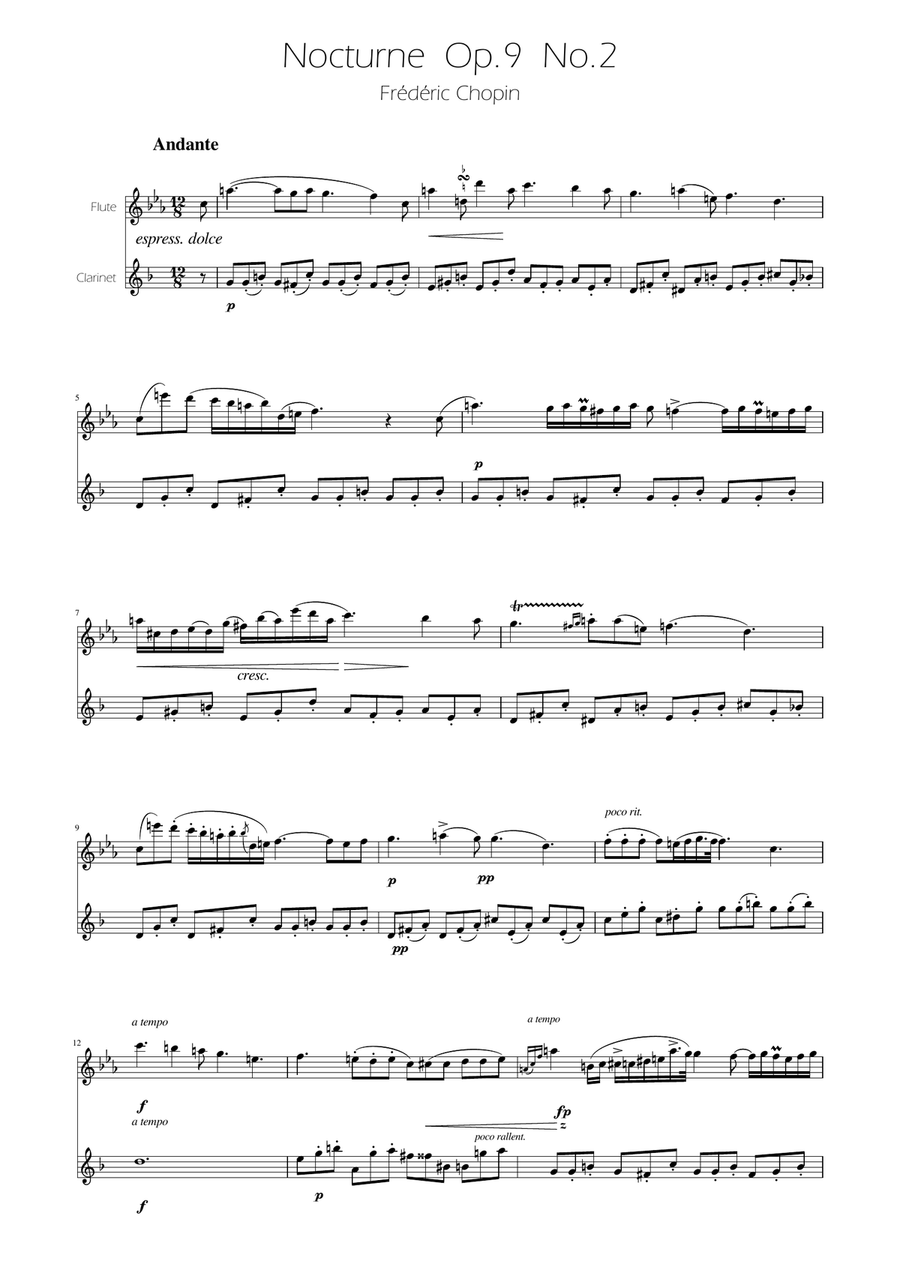 Chopin - Nocturne op.9 No.2 - Flute and Clarinet Duet Woodwind Duet scores gallery preview page 1