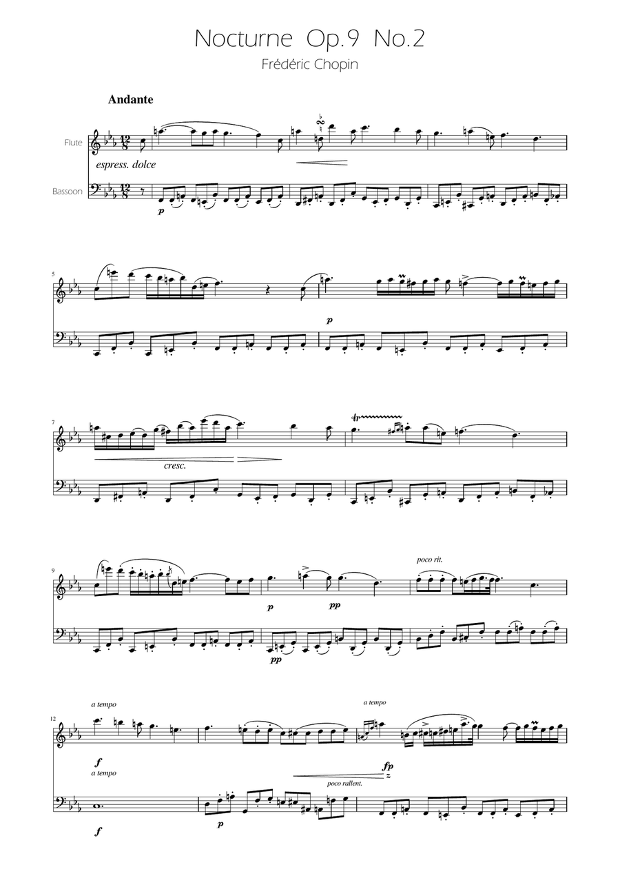 Chopin - Nocturne op.9 No.2 - Flute and Bassoon Duet Woodwind Duet scores gallery preview page 1