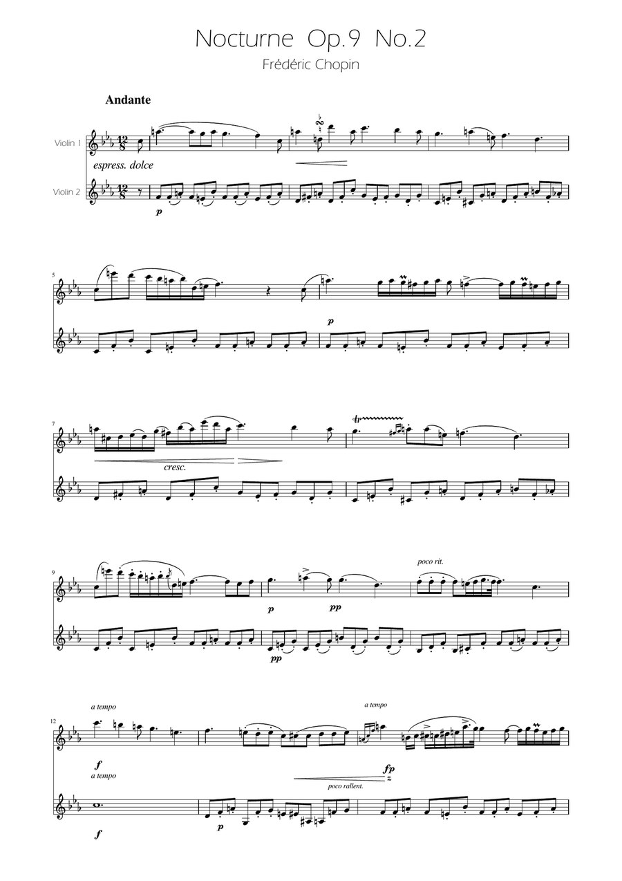 Chopin - Nocturne op.9 No.2 - Violin Duet String Duet scores gallery preview page 1