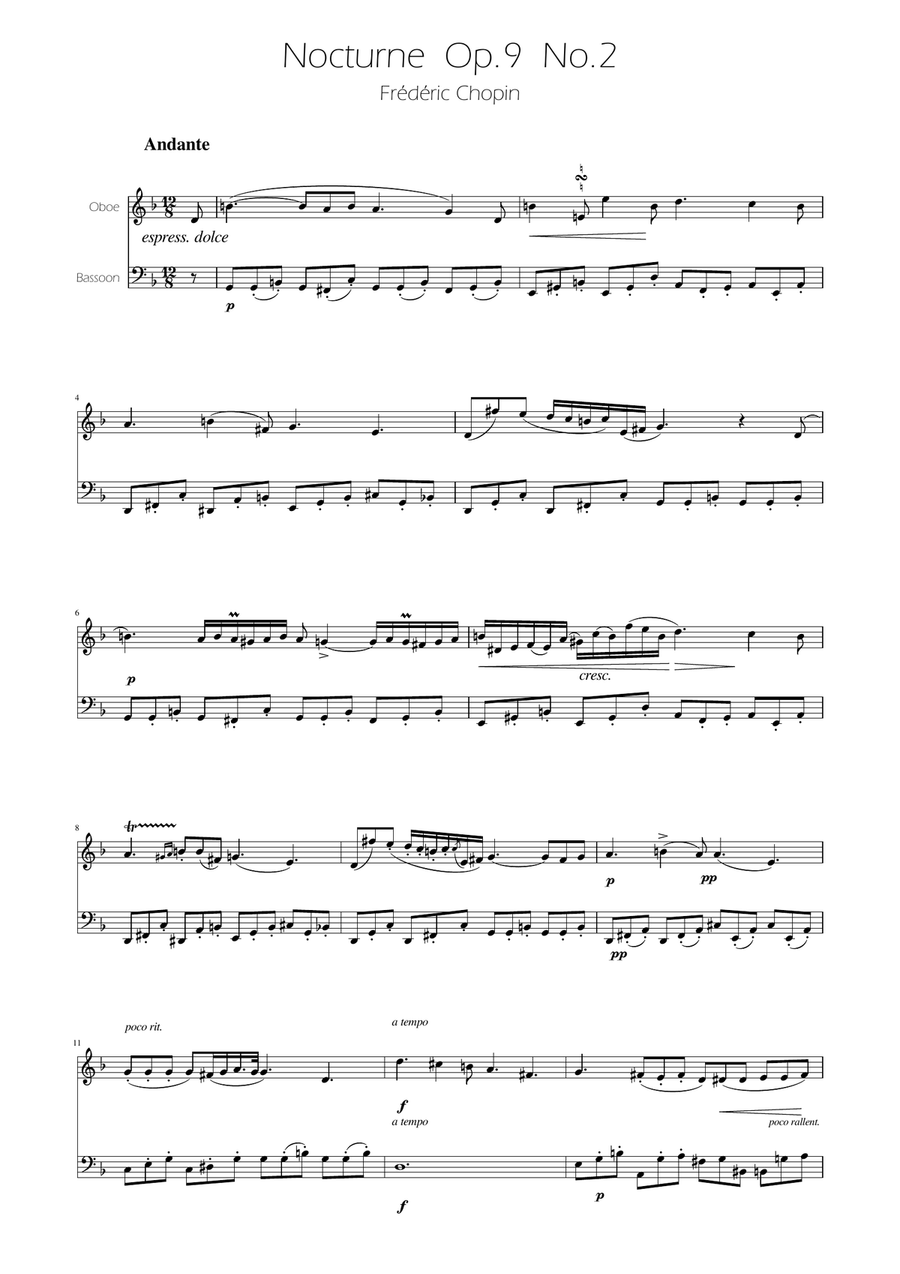Chopin - Nocturne op.9 No.2 - Oboe and Bassoon Duet Woodwind Duet scores gallery preview page 1