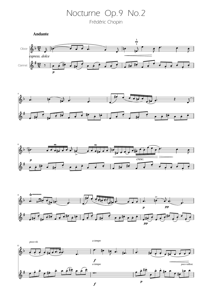 Chopin - Nocturne op.9 No.2 - Oboe and Clarinet Duet Woodwind Duet scores gallery preview page 1
