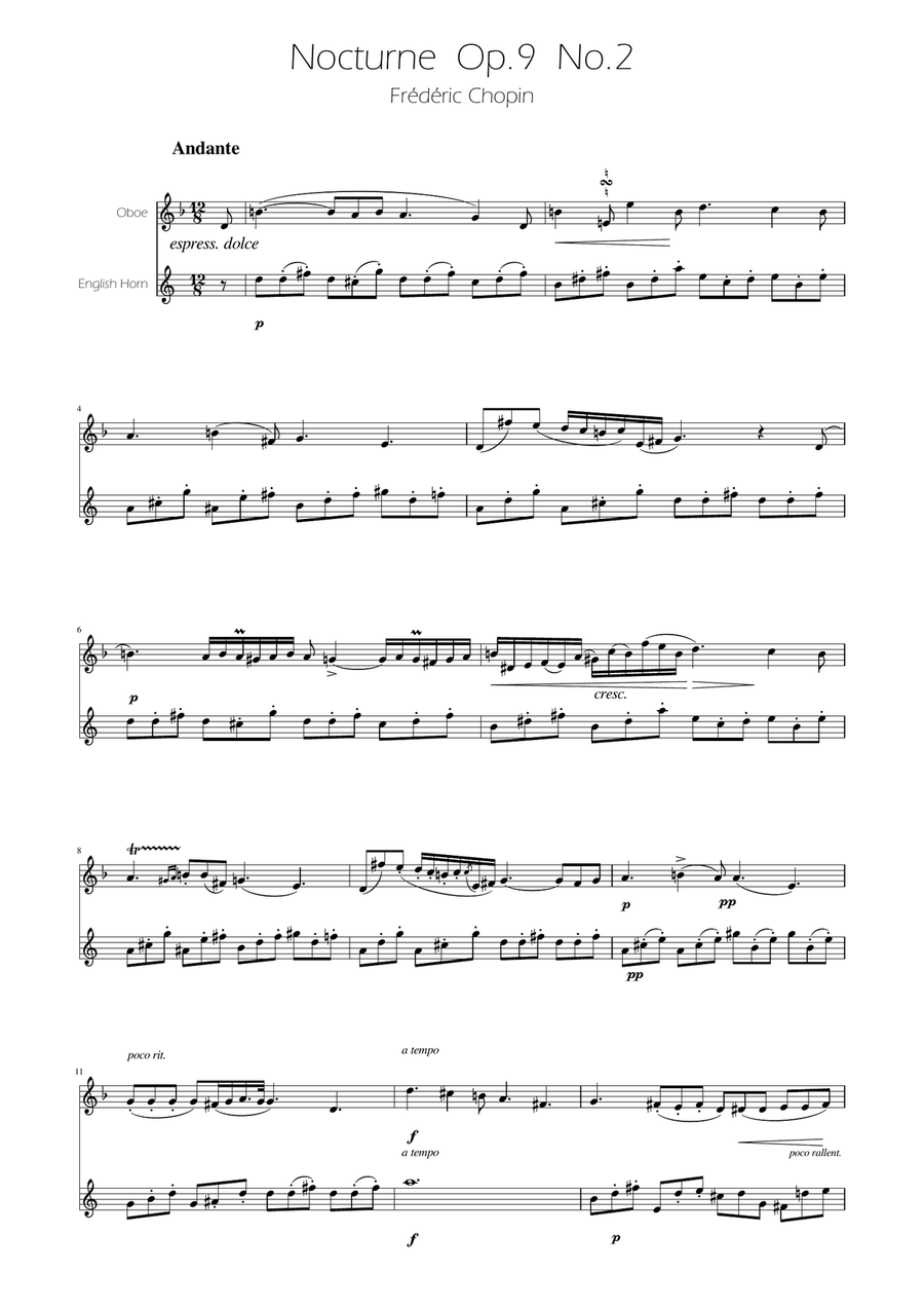 Chopin - Nocturne op.9 No.2 - Oboe and English Horn Duet Woodwind Duet scores gallery preview page 1