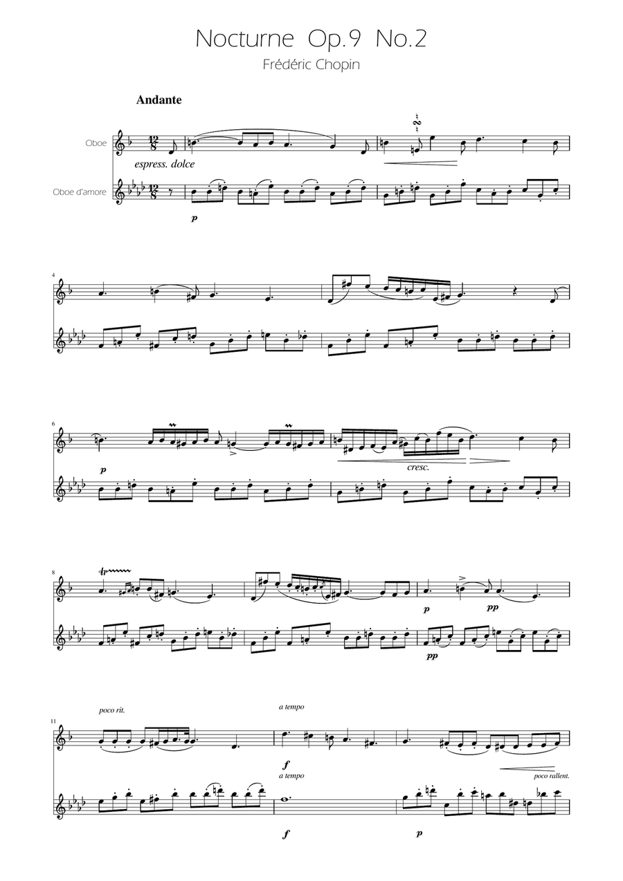 Chopin - Nocturne op.9 No.2 - Oboe and Oboe D'amore Duet Woodwind Duet scores gallery preview page 1