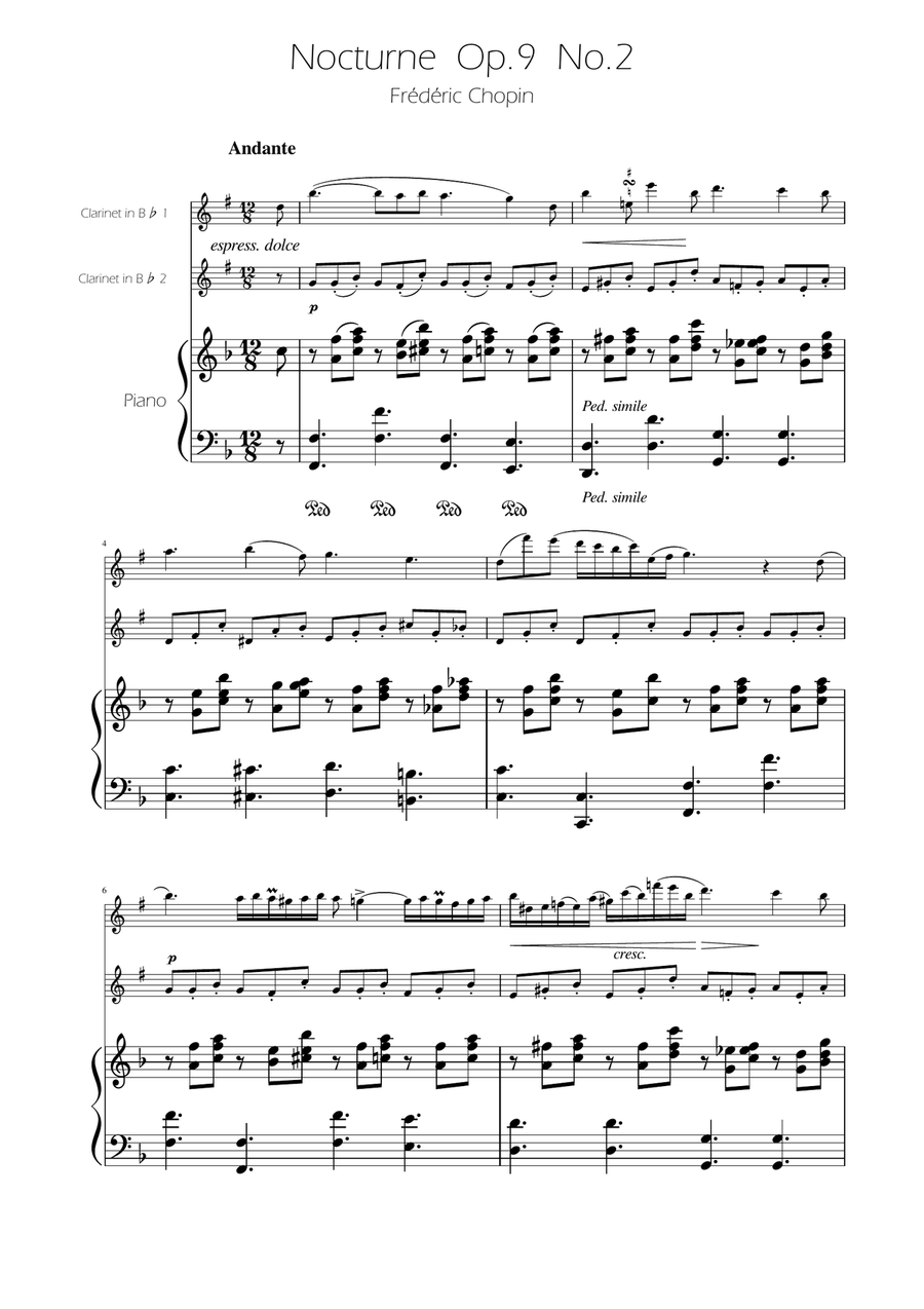 Chopin - Nocturne op.9 No.2 - Clarinet Duet Clarinet Duet scores gallery preview page 1